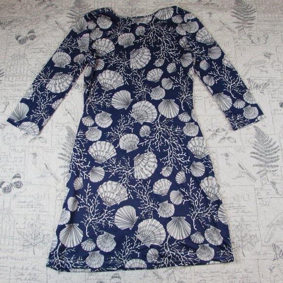 EUC $166 JEAN-PIERRE KLIFA Paris Smooth Stretch Blue shell Print midi Dress Sz S - Picture 2 of 9